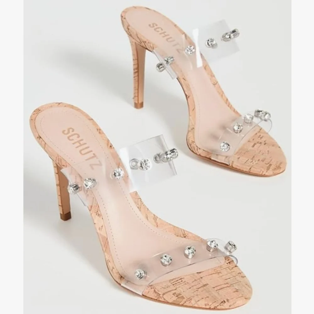Schutz Ariella Cork Vinyl Stiletto Heel Sandals 9 - Picture 1 of 9